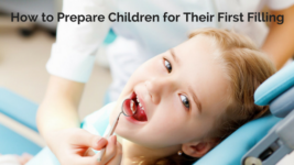 Picture of a young girl with her mouth open and a mouth mirror being held by a dental professional with the words how to prepare children for their first filling at the top of the picture.
