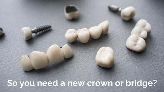 Picture of tooth restorations including crowns, bridges and implants with the words, So you need a new crown or bridge?